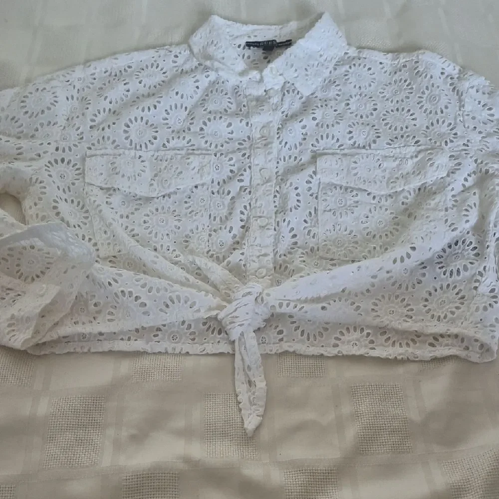 Guess White Embroidered Eyelet Button-Down Shirt - Picture 14 of 16